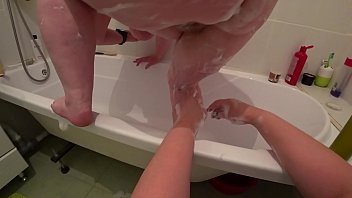 Lesbians POV in bathroom, BBW fucks a bottle of mature milf with a big, pink ass and butt shakes, juicy booty ripples.